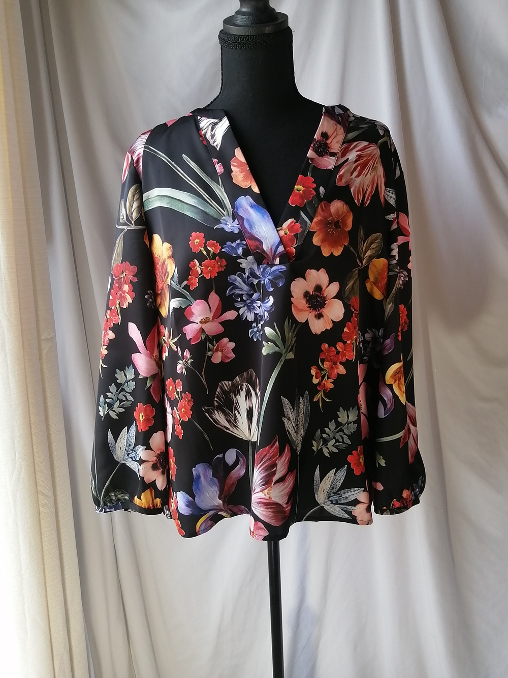 J. Crew Black Floral Split-Neck Blouse
